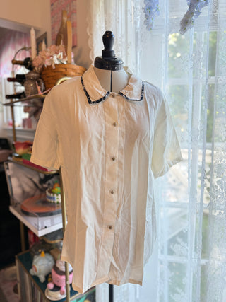 Vintage Ivory Peter Pan Collar Blouse | Short Sleeve Button Front Top