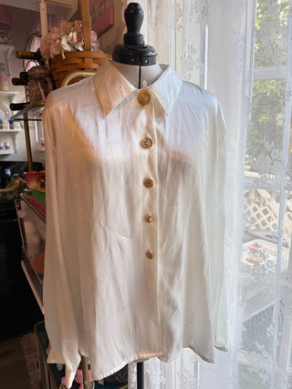 Vintage Ivory Silk-Look Blouse | Statement Gold Buttons & Collar