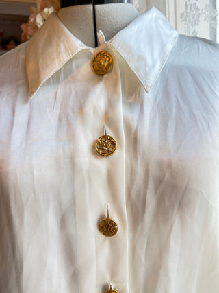 Vintage Ivory Silk-Look Blouse | Statement Gold Buttons & Collar