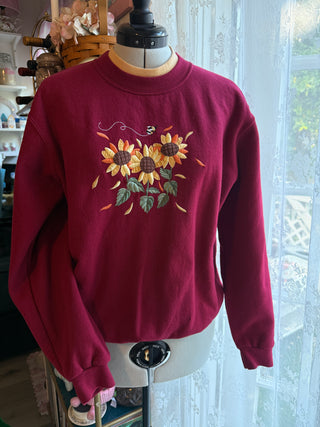 Vintage Burgundy Embroidered Sunflower Sweatshirt