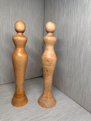 Pair Vintage Beffa Creations Hand-Turned Wood Female Form Sculptures 11.25"