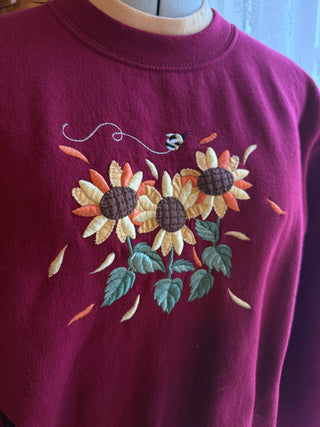 Vintage Burgundy Embroidered Sunflower Sweatshirt