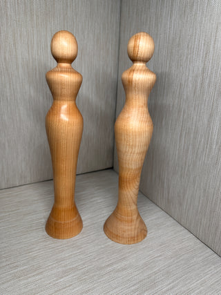 Pair Vintage Beffa Creations Hand-Turned Wood Female Form Sculptures 11.25"