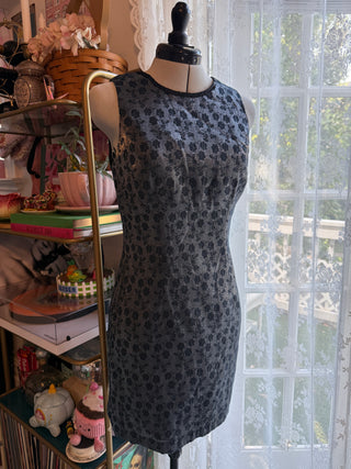 Vintage Navy & Pewter Metallic Floral Brocade Mini Dress