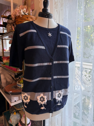 Vintage Navy Knit Cardigan Sweater with Houndstooth Trim & Floral Embroidery