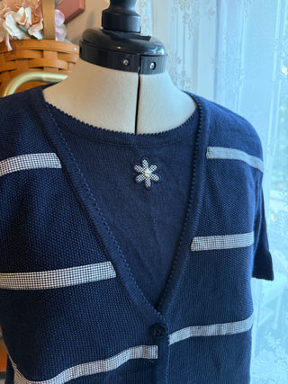 Vintage Navy Knit Cardigan Sweater with Houndstooth Trim & Floral Embroidery