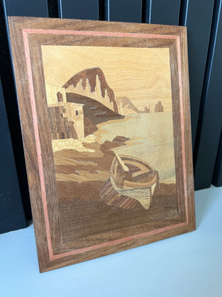 Vintage wood inlay Italian coastal plaque