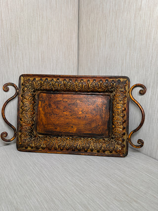 Vintage Footed Metal Decorative Tray with Scroll Handles