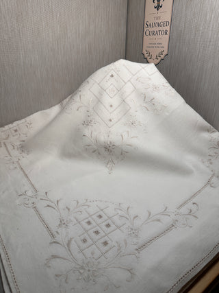 Vintage 95x48 Embroidered Linen Tablecloth Rectangular Cream Floral Cutwork
