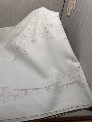 Vintage 95x48 Embroidered Linen Tablecloth Rectangular Cream Floral Cutwork