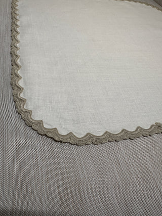 Vintage Scalloped White Linen Placemat 17x17 Taupe Crochet Trim Pristine