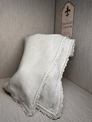 39x10 Vintage Off-White Linen Table Runner with Crocheted Lace Trim