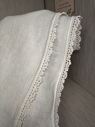39x10 Vintage Off-White Linen Table Runner with Crocheted Lace Trim