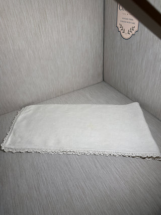 39x10 Vintage Off-White Linen Table Runner with Crocheted Lace Trim