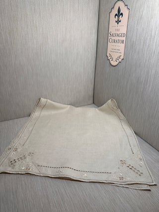 Vintage Cream Linen Table Runner 68x36 Hand Embroidered Cutwork Lace Wide