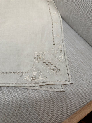 Vintage Cream Linen Table Runner 68x36 Hand Embroidered Cutwork Lace Wide