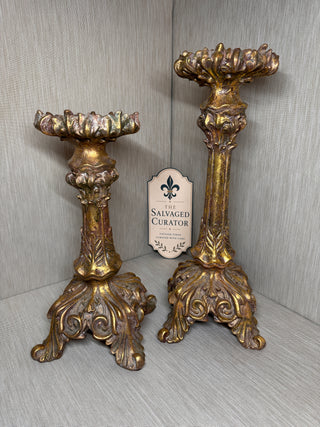 Pair Large Ornate Gold Baroque Resin Candlestick Holders - 17.5" & 15.5"