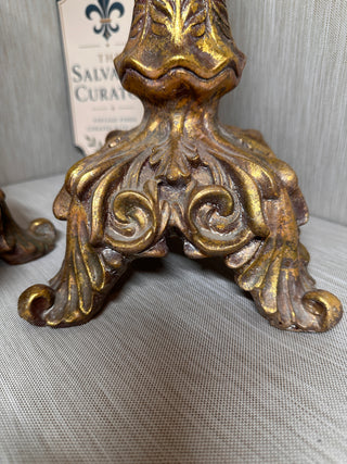 Pair Large Ornate Gold Baroque Resin Candlestick Holders - 17.5" & 15.5"