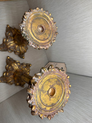 Pair Large Ornate Gold Baroque Resin Candlestick Holders - 17.5" & 15.5"