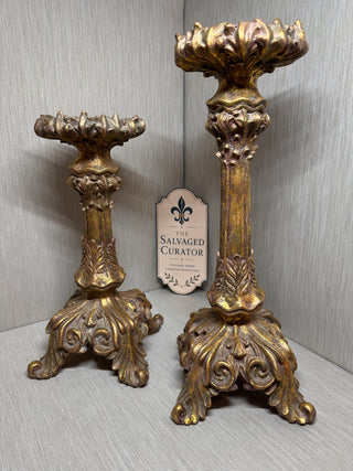 Pair Large Ornate Gold Baroque Resin Candlestick Holders - 17.5" & 15.5"
