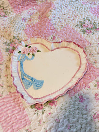 Heart-Shaped Ceramic Tray | Vintage Cottagecore Pink Roses & Blue Bow