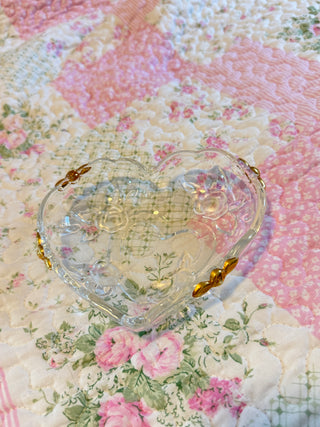 Heart-Shaped Glass Trinket Dish Gold Floral Accents