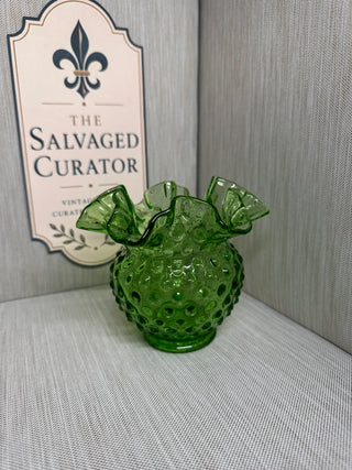 Vintage Fenton Emerald Green 1970s Rose Bowl 4.5” Hobnail Glass Vase Ruffled Rim