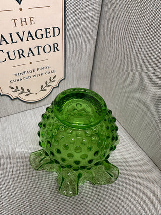 Vintage Fenton Emerald Green 1970s Rose Bowl 4.5” Hobnail Glass Vase Ruffled Rim