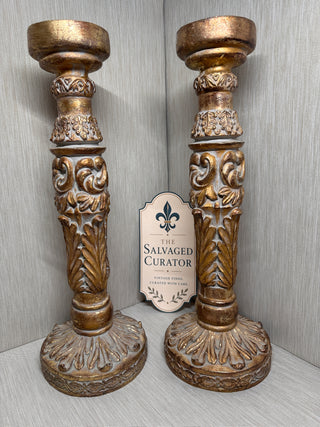 18" Pair of Antique Style Gilded Corinthian Pillar Candlestick Holders