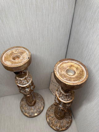 18" Pair of Antique Style Gilded Corinthian Pillar Candlestick Holders