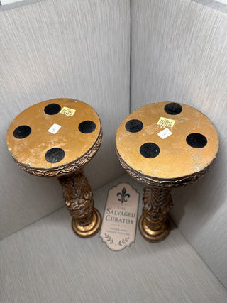 18" Pair of Antique Style Gilded Corinthian Pillar Candlestick Holders