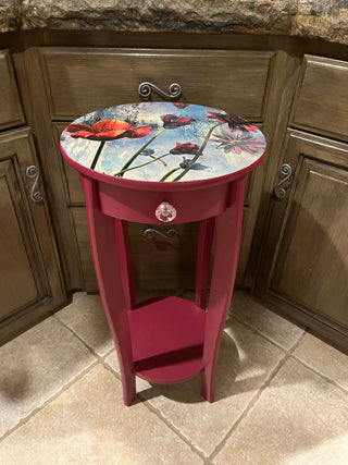 Tall Custom Designed Raspberry Floral Table w/Drawer