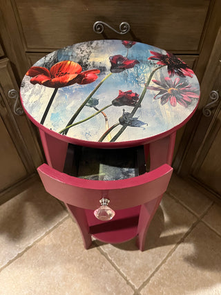 Tall Custom Designed Raspberry Floral Table w/Drawer