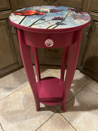 Tall Custom Designed Raspberry Floral Table w/Drawer