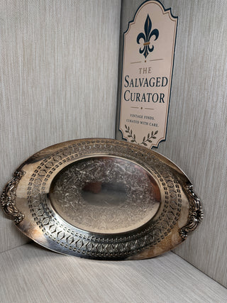 Circa 1920s Barker-Ellis Engraved Silverplate 11-Inch Oval Serving Tray with Pierced Border