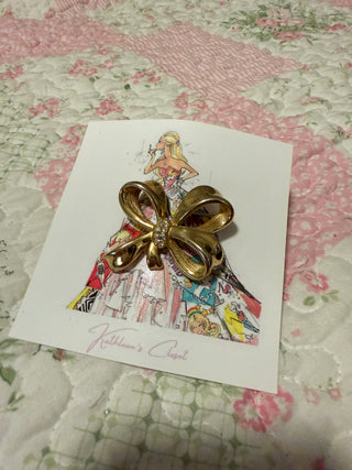 Vintage Gold Bow Brooch | Rhinestone Center | Statement Ribbon Pin | Cottagecore Glam