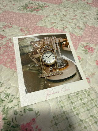 Vintage Rhinestone Clock Brooch – Gold-Tone Crystal Mantel Clock Pin
