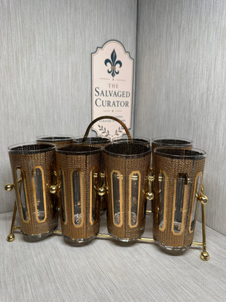 MCM Colony Black & Gold Filigree Highball Glasses Set of 8 with Brass Caddy