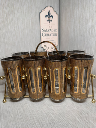 MCM Colony Black & Gold Filigree Highball Glasses Set of 8 with Brass Caddy