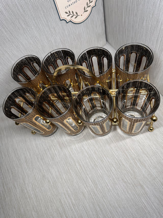 MCM Colony Black & Gold Filigree Highball Glasses Set of 8 with Brass Caddy