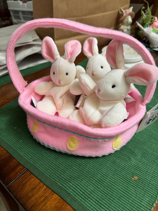 Plush Basket of 3 Plush Bunnies-KL RCD