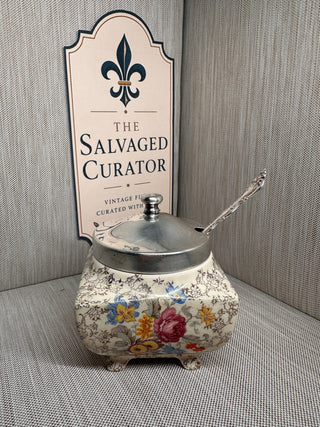Sandland Ware Floral Chintz Jam Pot & Silverplate Lid, Circa 1950