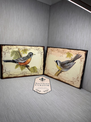 Set of 2 Vintage-Inspired Bird Illustration Wall Art Plaques