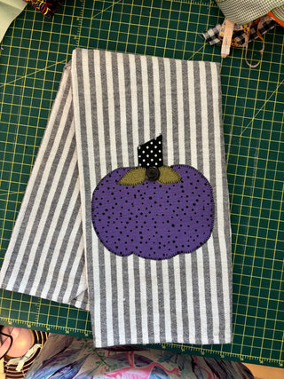 Halloween Striped Purple Pumpkin Kitchen Towel