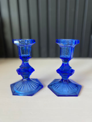 Set of 2 vintage cobalt glass candlesticks