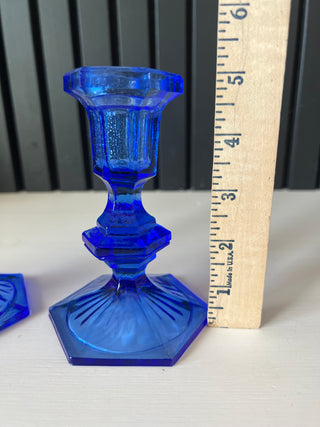 Set of 2 vintage cobalt glass candlesticks