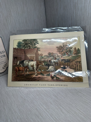 "American Farm Yard—Evening" — Vintage Currier & Ives Lithograph Book Plate Reproduction (Circa 1930–1955)