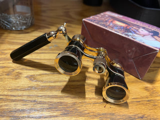 opera glasses NIB blk & gold colored bag box
