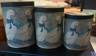 3 Vintage Nesting Blue Ribbon Duck tin cannisters