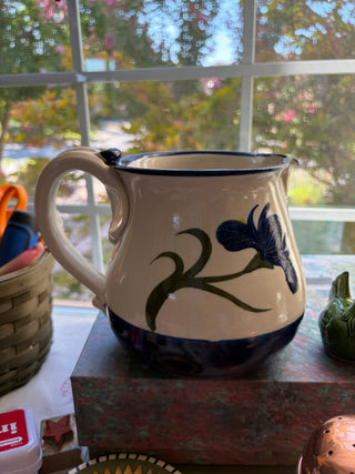 Vintage Salt-Glazed Pitcher Cobalt Blue Floral RSV